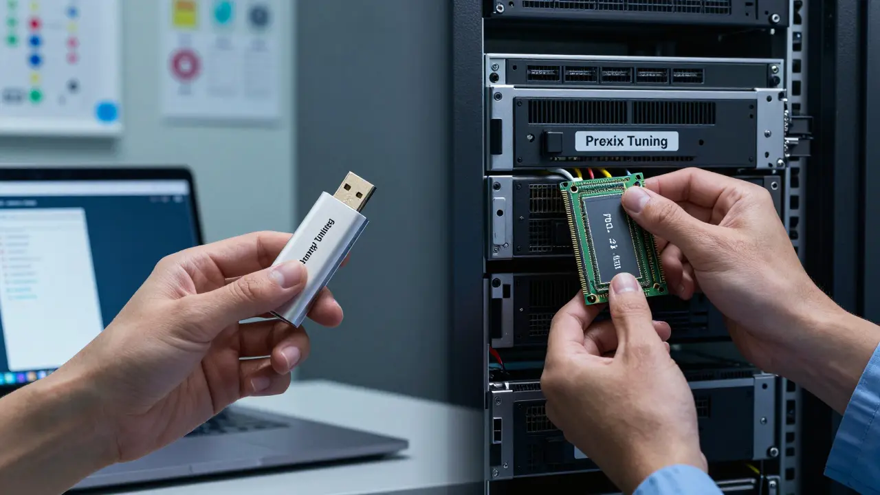 Contrasting hands holding prompt and prefix tuning tools for mobile vs. medical AI applications.