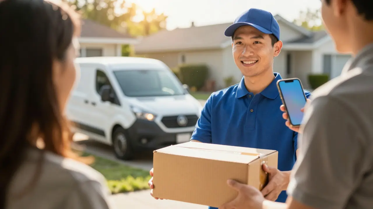 Courier delivering a package to a satisfied customer on driveway