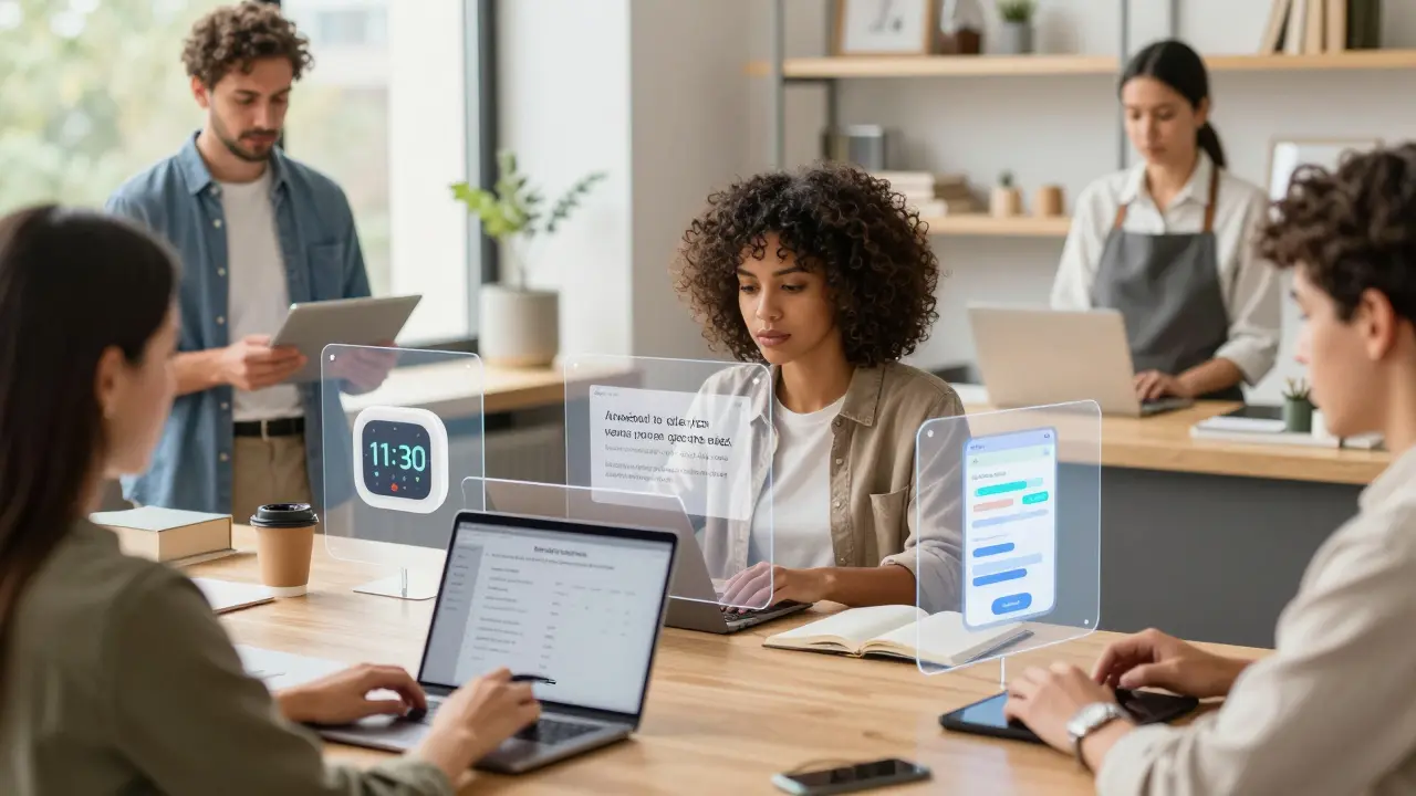 Diverse people interacting with floating AI interfaces that generate custom tools like timers, poetry generators, and finance trackers in their daily environments.