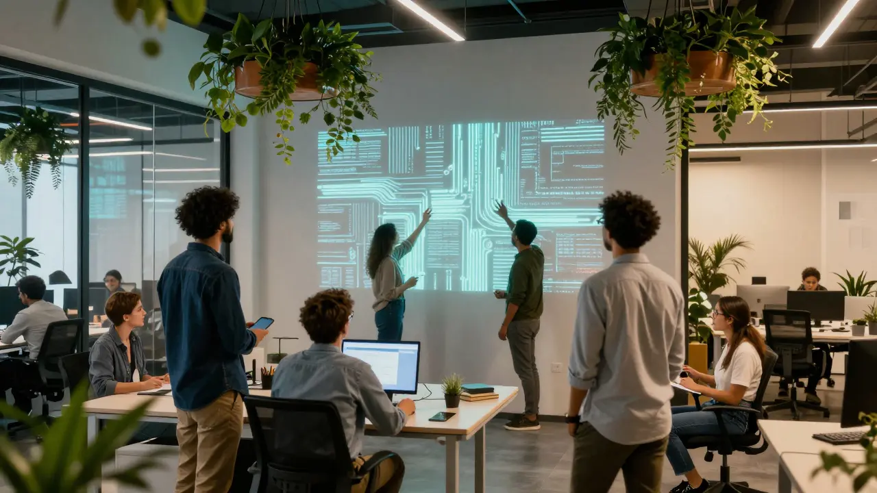 Diverse team collaborating near abstract data wall in futuristic office