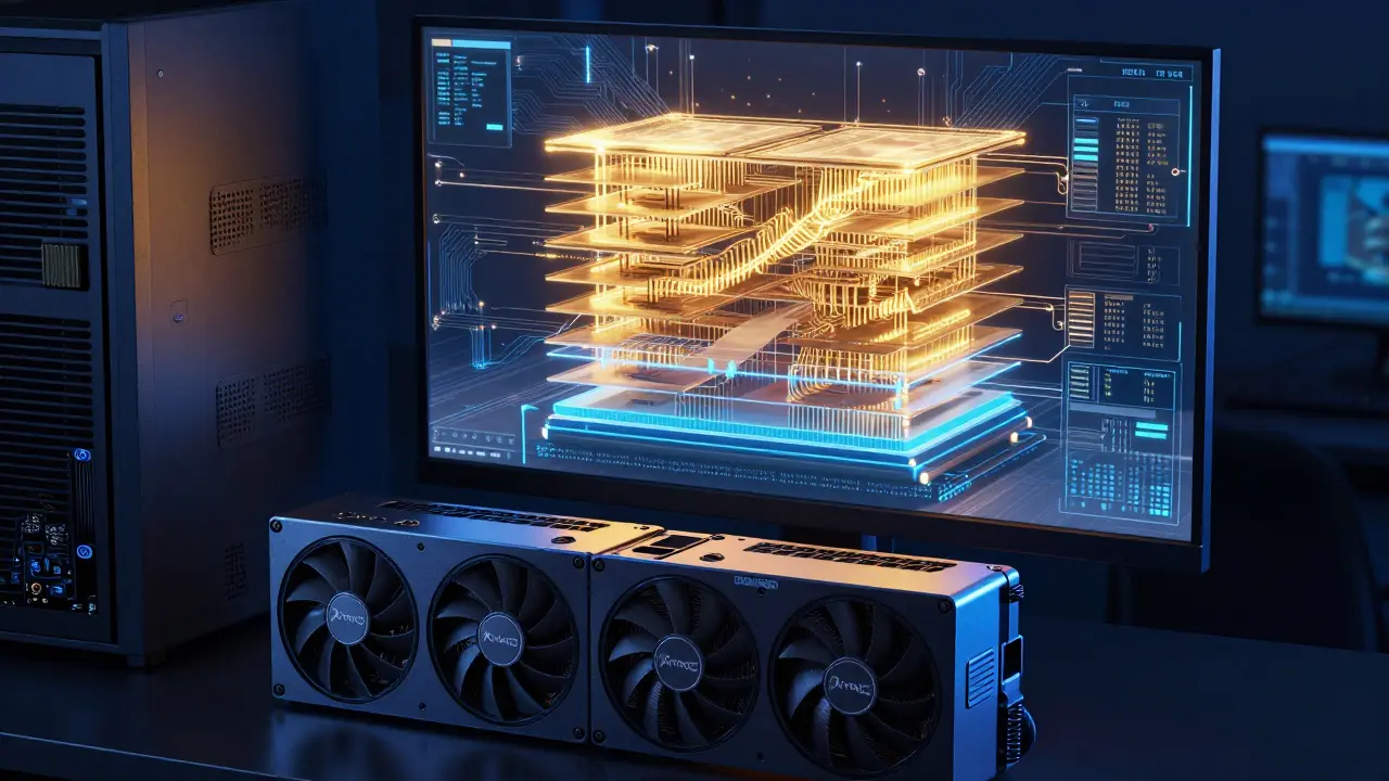 Dual A100 GPUs with golden vectors weaving through transformer layers, representing prefix tuning.