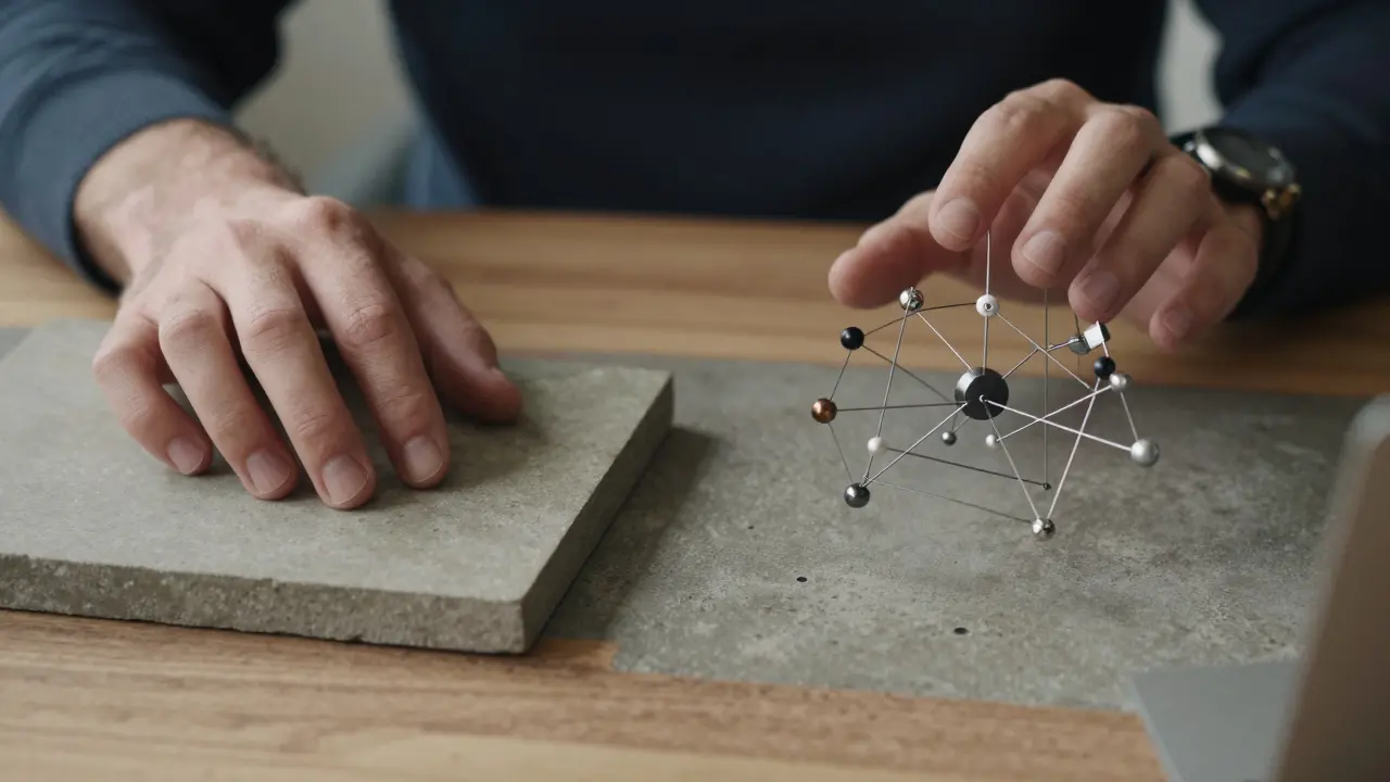 Hands gesturing over abstract representations of software architecture options