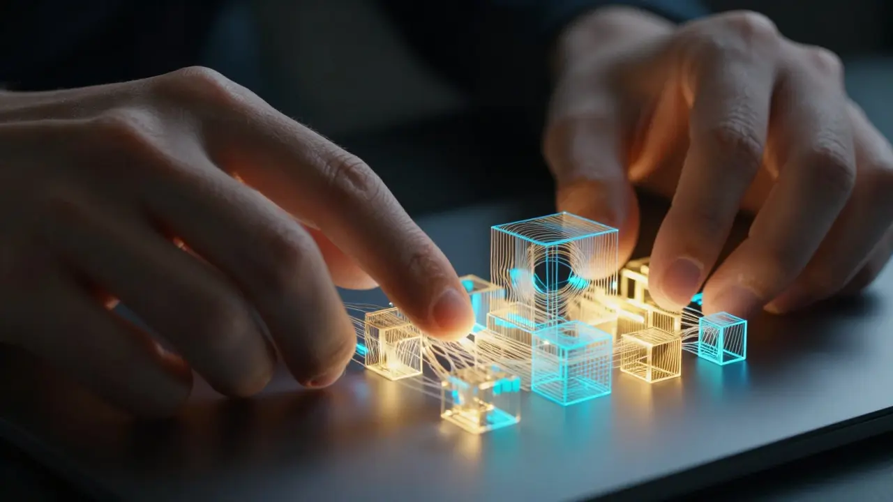 Hands weaving glowing fiber optics into geometric blocks on a desk