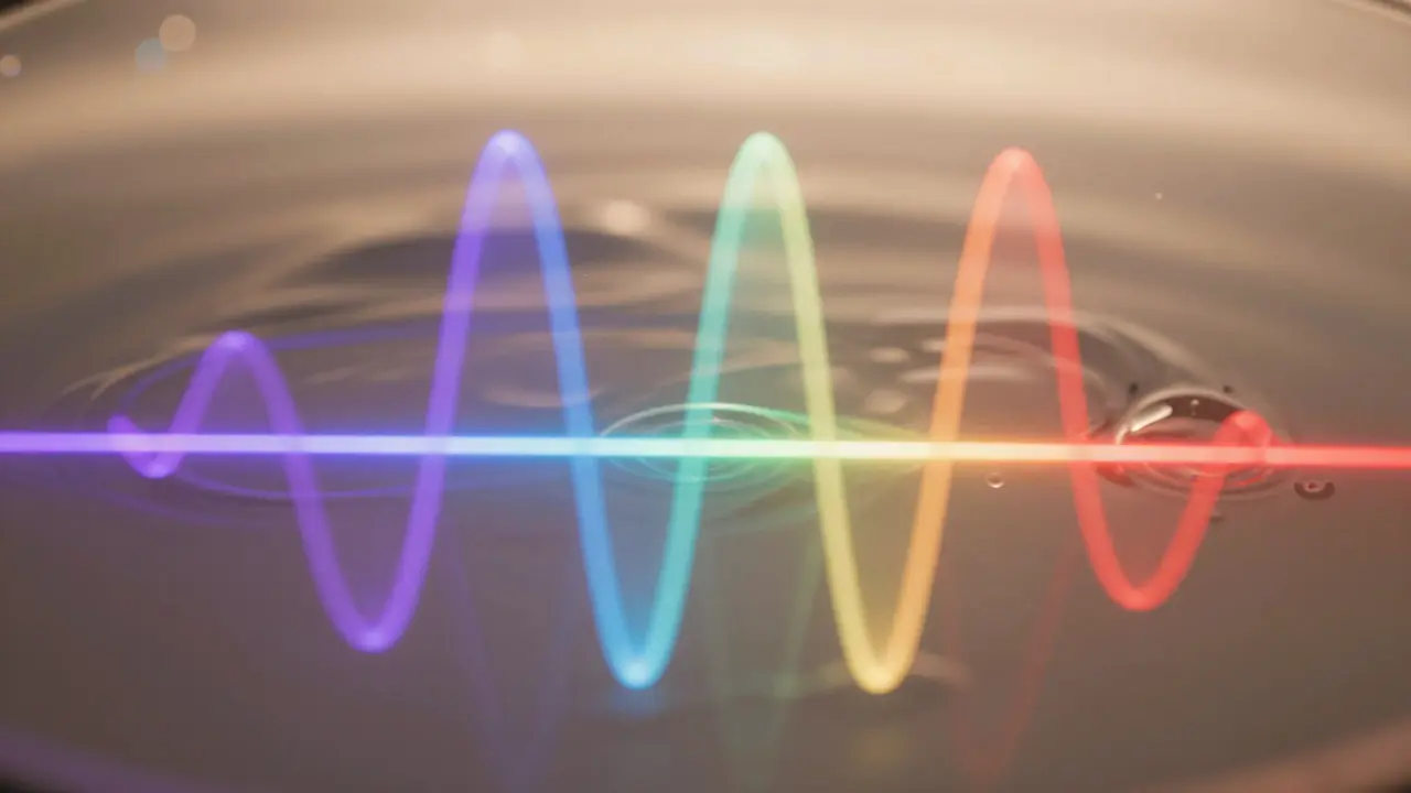 Intersecting light waves showing colorful sine patterns in fluid.