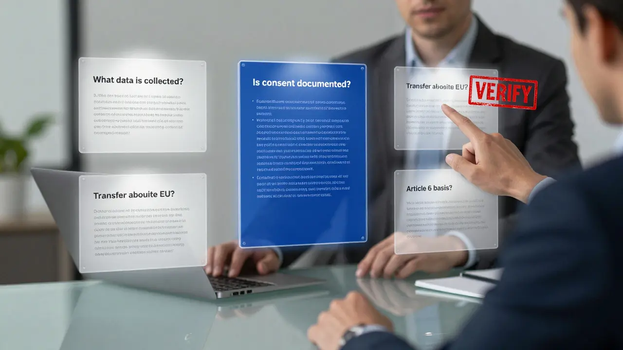 Legal analyst reviewing decomposed GDPR questions on floating transparent panels in a modern office.