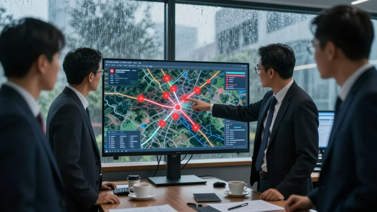 Managers discussing supply chain alerts in a rainy operations room