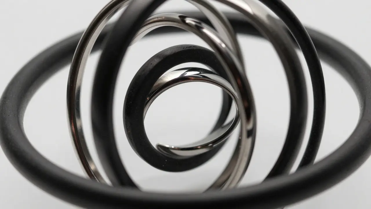Nested rotating metal rings demonstrating relative spatial distance.