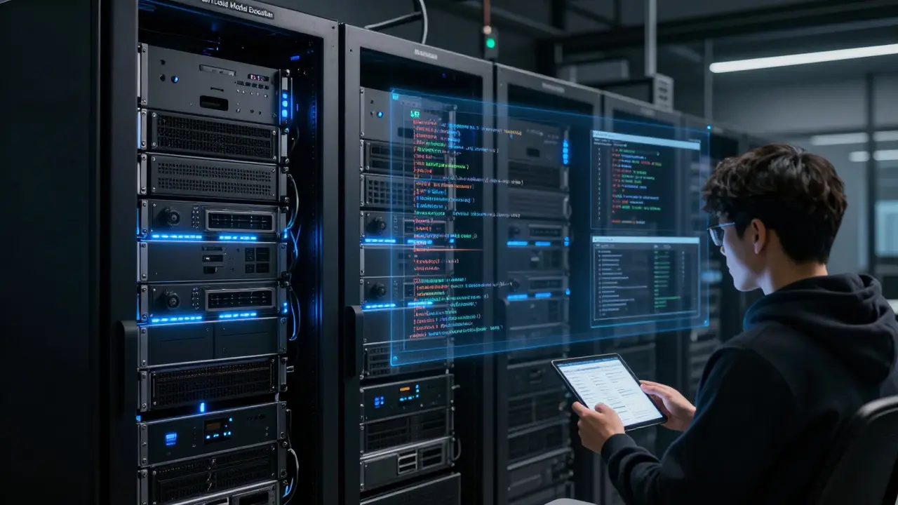 On-premises AI servers glowing softly as engineer audits automated code changes.