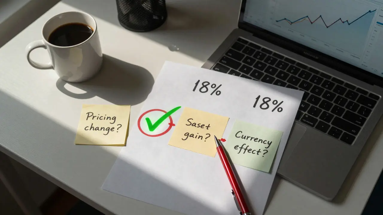 Overhead view of financial notes tracing revenue spike causes, with one verified step circled in red.