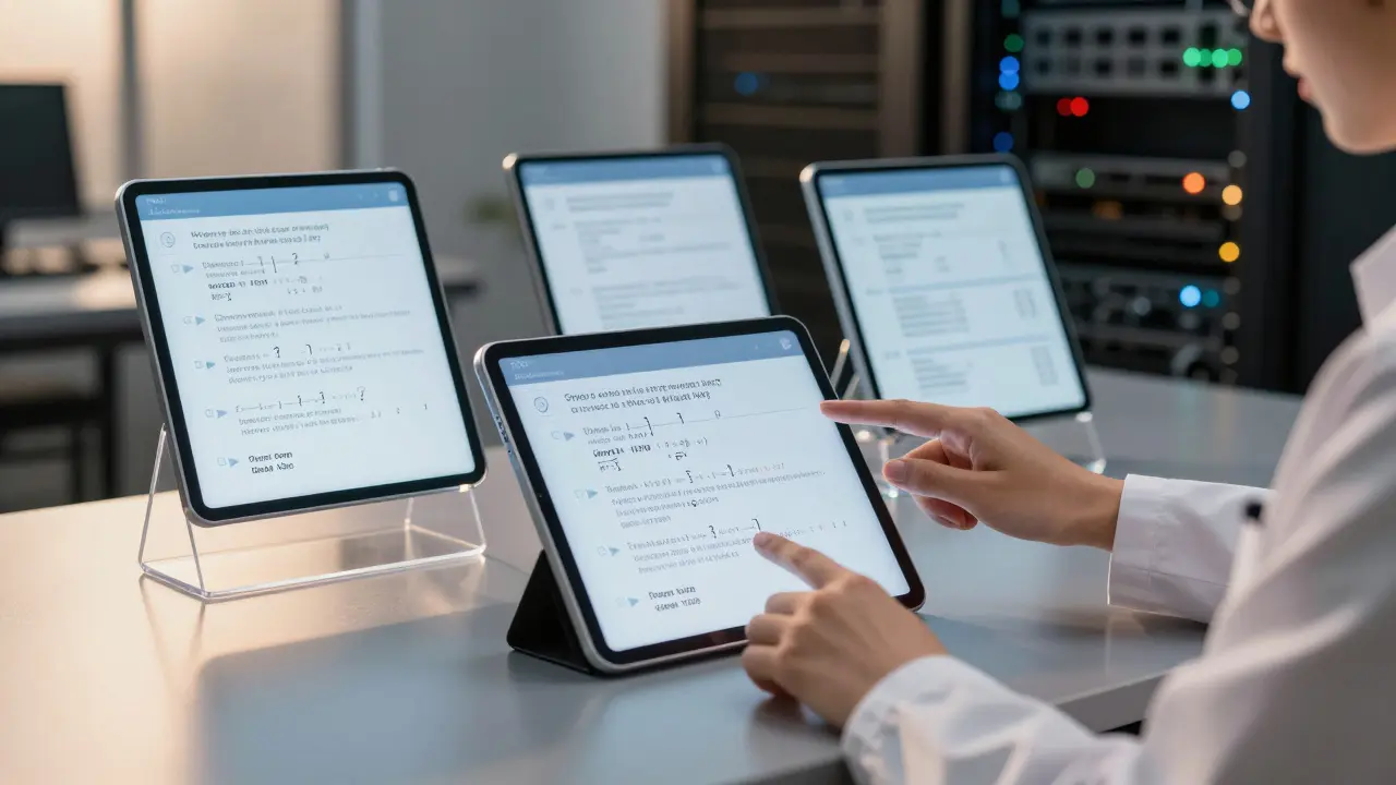 Researcher reviewing multiple tablets with AI thought process sequences