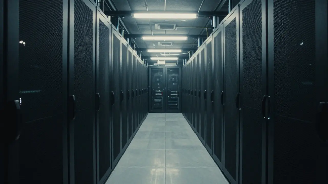 Server corridor fading into darkness in the distance