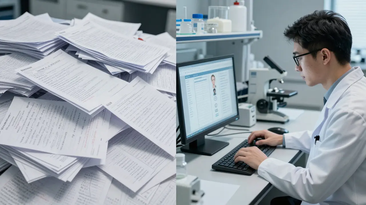 Side-by-side scenes: chaotic personal data vs. clean synthetic data streams in a lab setting.
