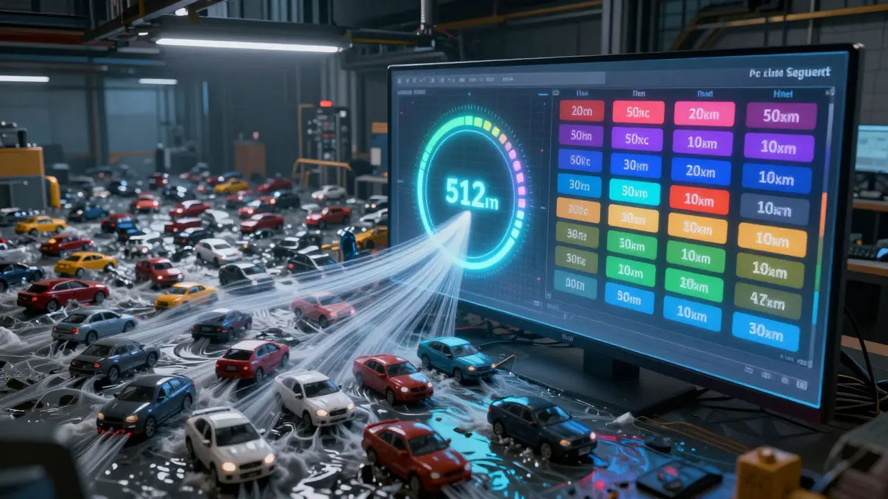 Split-screen dashboard contrasting chaotic LLM request flow with optimized, color-coded batching by output length, centered on a 512-token budget meter.