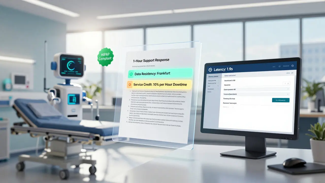 Split-screen of a hospital and bank using AI systems, with a floating contract highlighting SLA terms like response time and data residency.