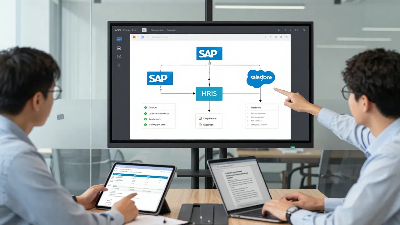 Team collaborating on AI-generated workflow connecting enterprise systems via touchscreen.