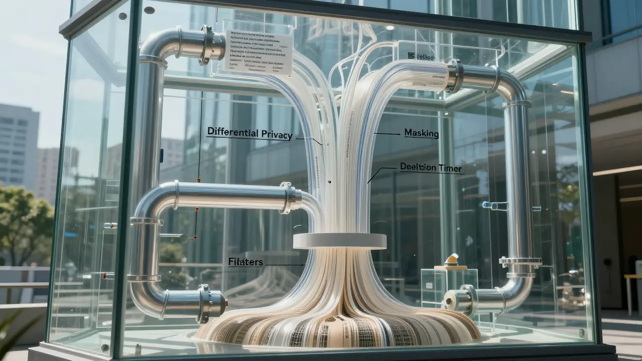 Transparent building showing data being filtered from personal details into generalized patterns for AI training.