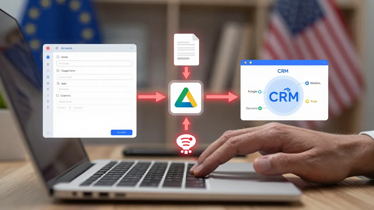 Transparent data streams flowing from common low-code tools into insecure destinations, with public sharing icons and unencrypted files glowing red.