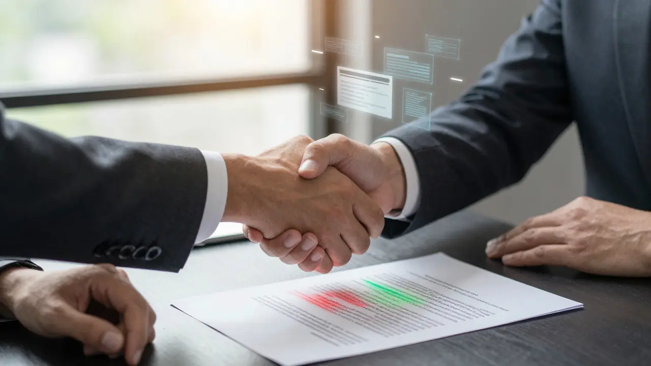 Two hands shaking over a contract with floating data shadows of sensitive records being misused.