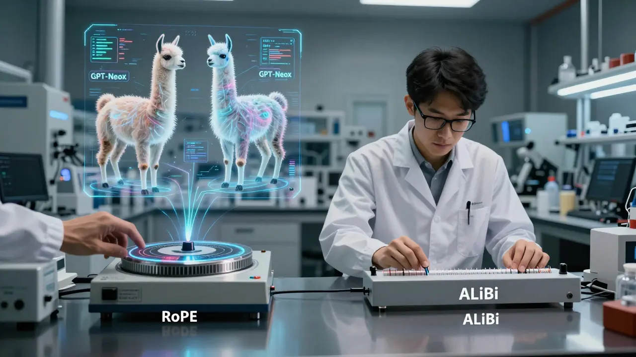 Two researchers adjusting RoPE and ALiBi systems side by side, with holographic LLM models in a high-tech lab.