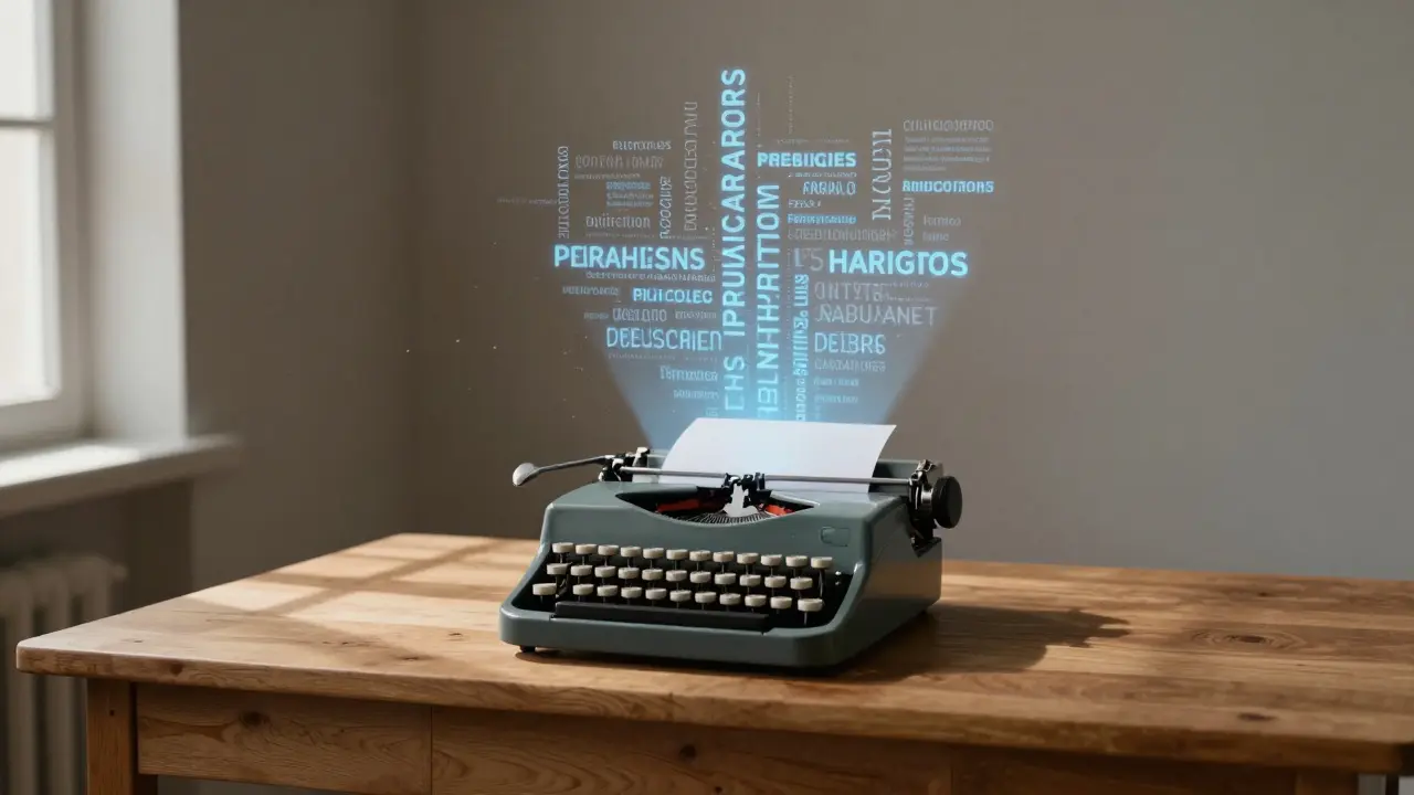 Vintage typewriter with holographic word cloud above it