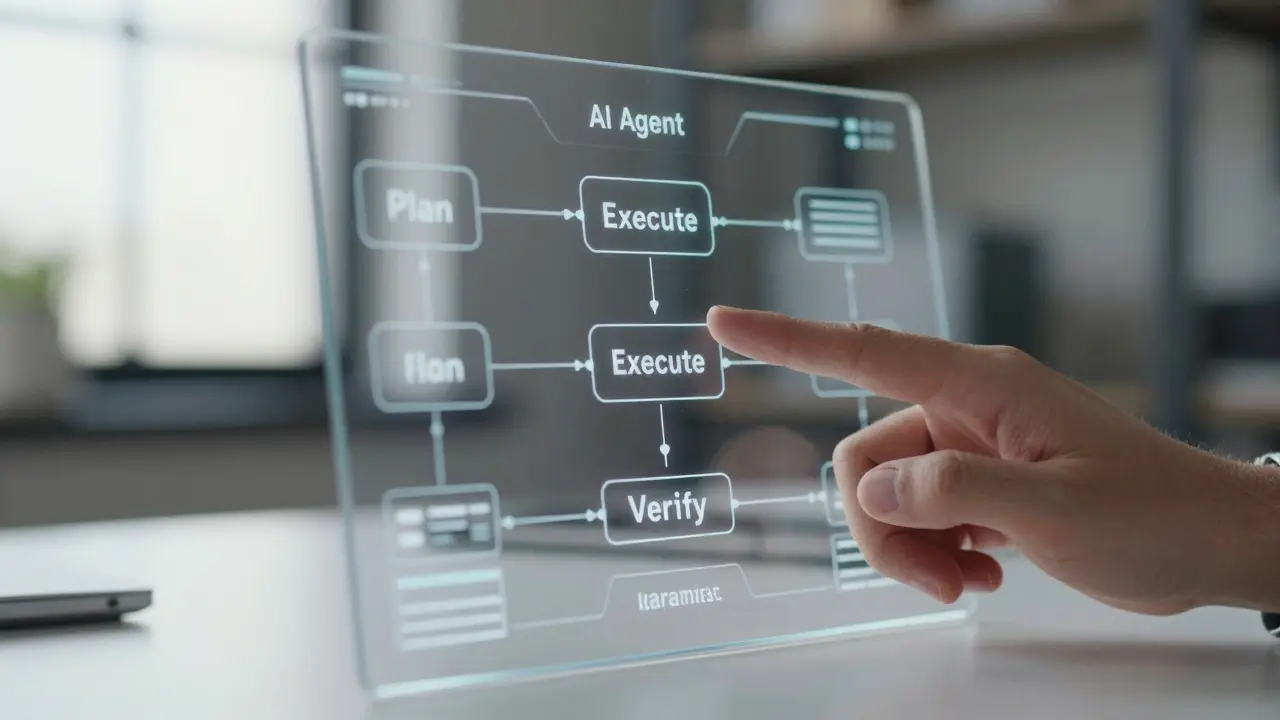 A close-up of a glass interface showing a goal-driven AI agent's planning and verification process.
