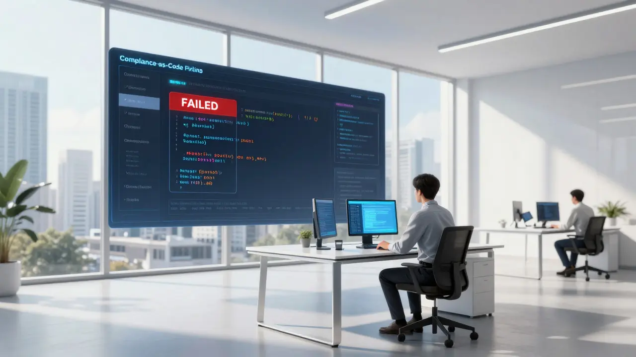 A developer's workspace with a holographic dashboard showing a failed compliance-as-code deployment.