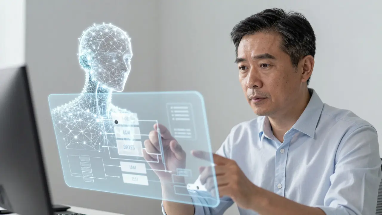 A developer and a neural AI entity reviewing a holographic security architecture diagram.