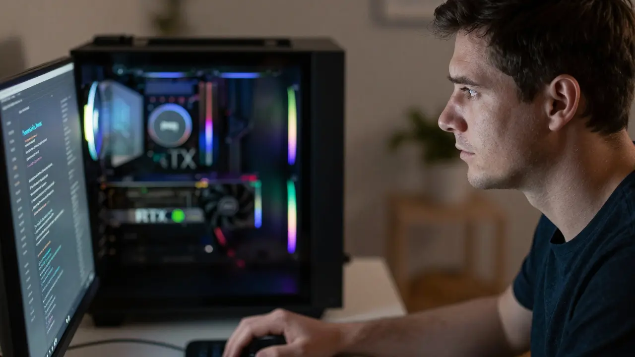 A developer working in a home office with a high-end GPU in the background