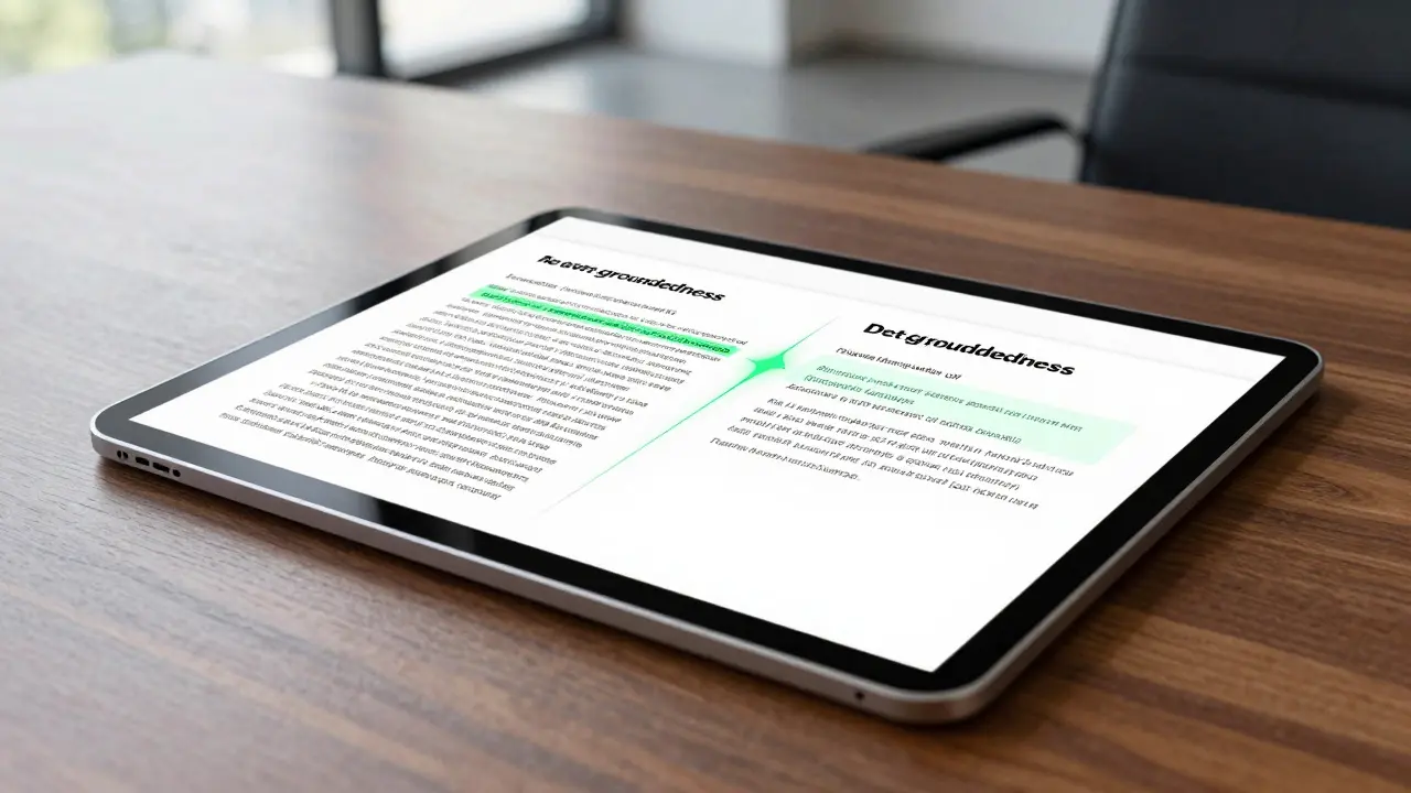 A digital tablet showing a grounded AI response linked to a source document for faithfulness verification.