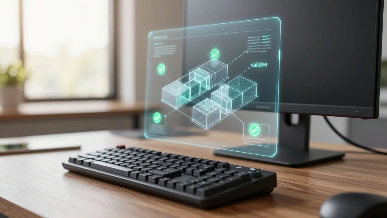 A futuristic holographic architectural blueprint showing validated modules on a modern office desk.