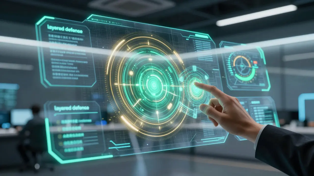 A futuristic security center with holographic shields protecting an AI core.