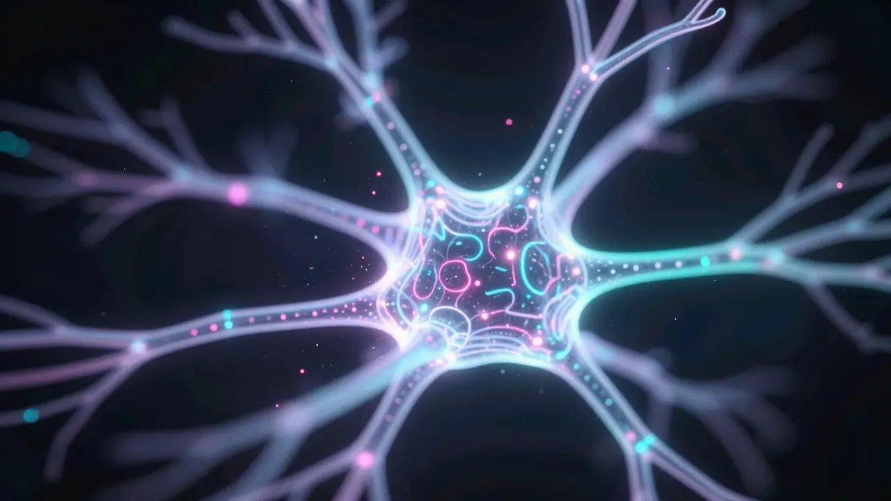 A glowing 3D neural network showing fragmented and thinned connections