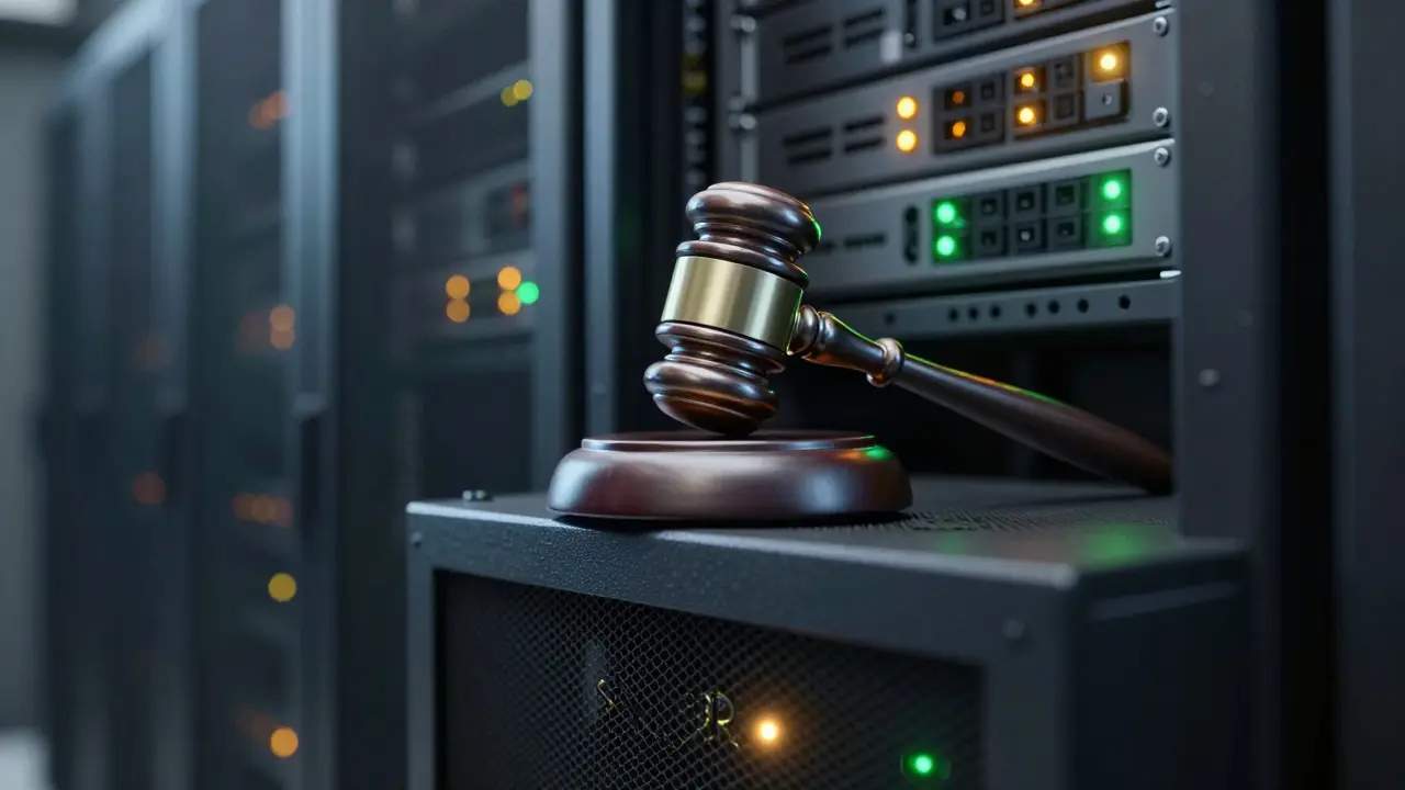 A judge's gavel resting on a server rack in a dark data center.