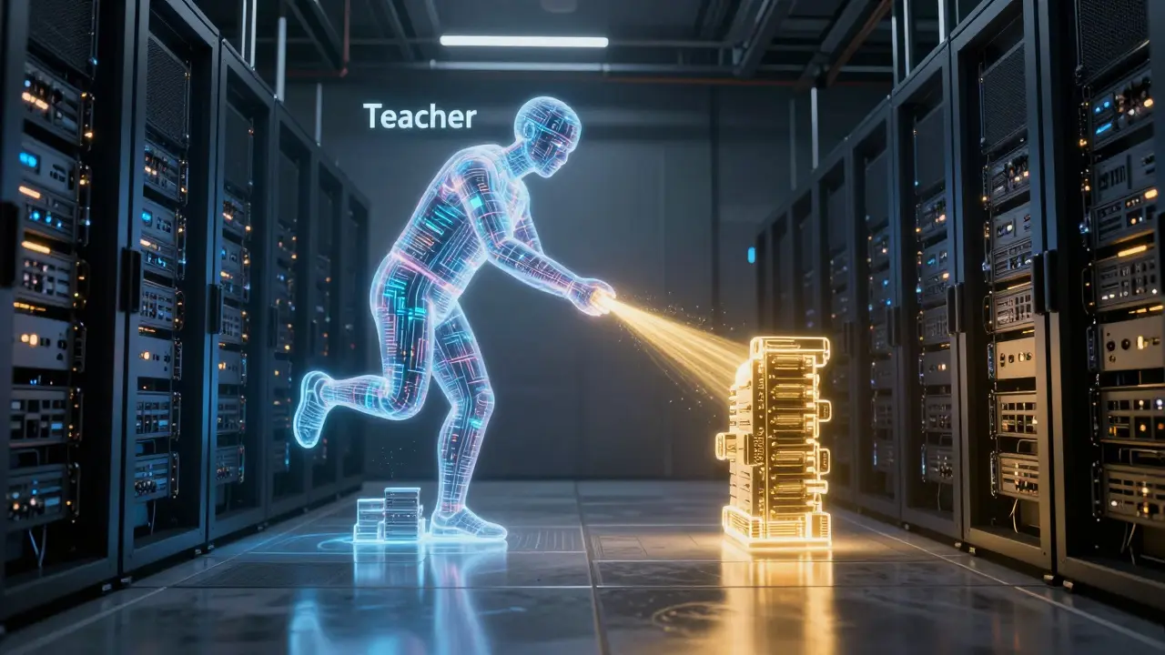 A large holographic entity transferring data to a smaller one in a modern server room.