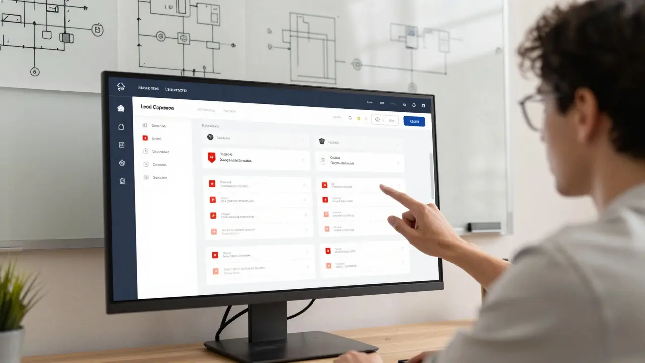 A marketer testing and debugging an AI-generated app at a desk with UI sketches in background.