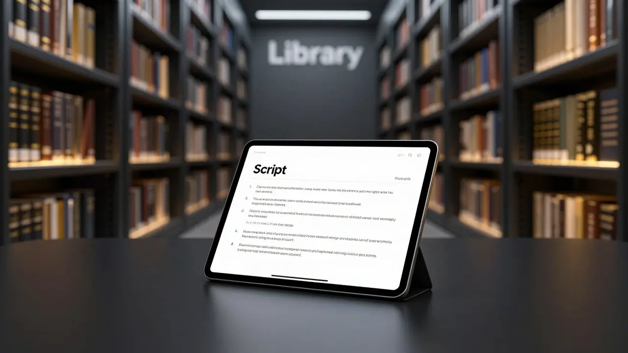 A minimalist tablet with a prompt script positioned in front of a vast digital knowledge base library.