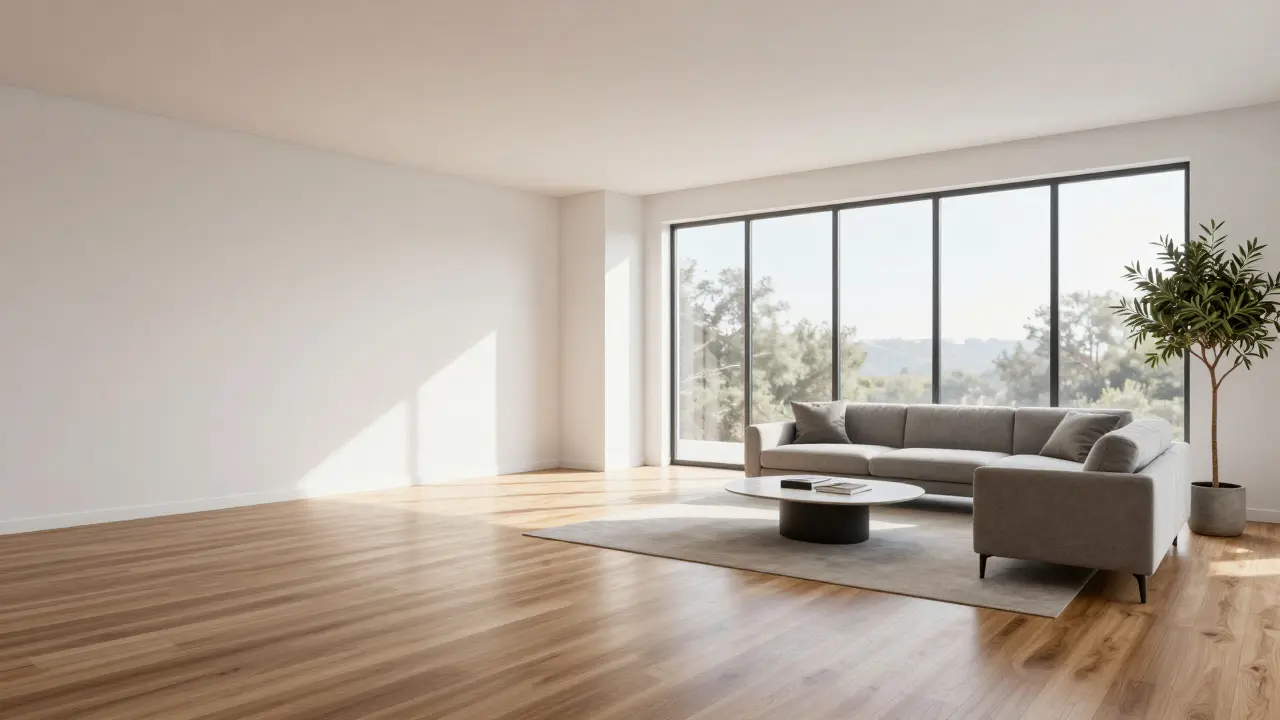 A split view of an empty modern room and the same room virtually staged with mid-century modern furniture.