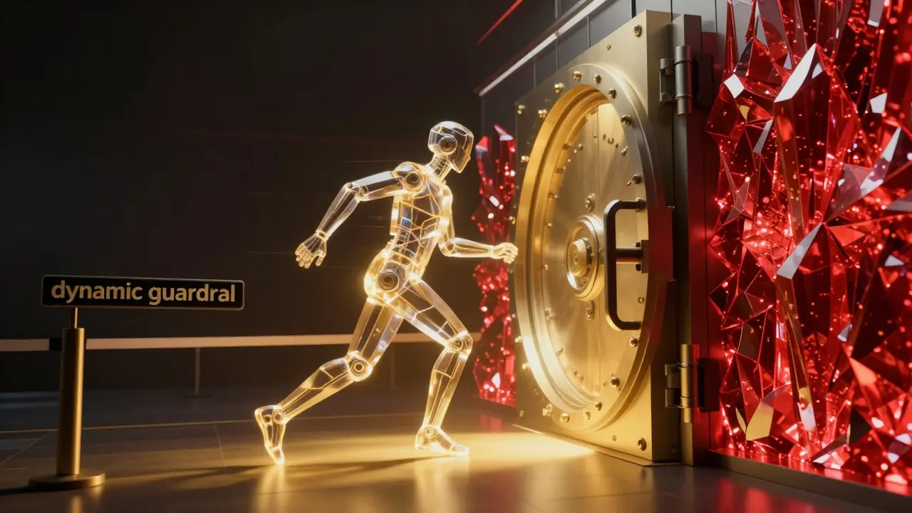 Abstract representation of a digital AI agent encountering a red security barrier