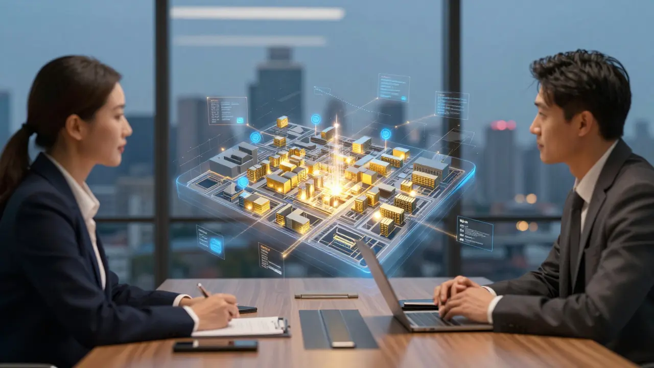 Agent and investor analyzing a holographic 3D city map showing AI-predicted real estate growth areas.