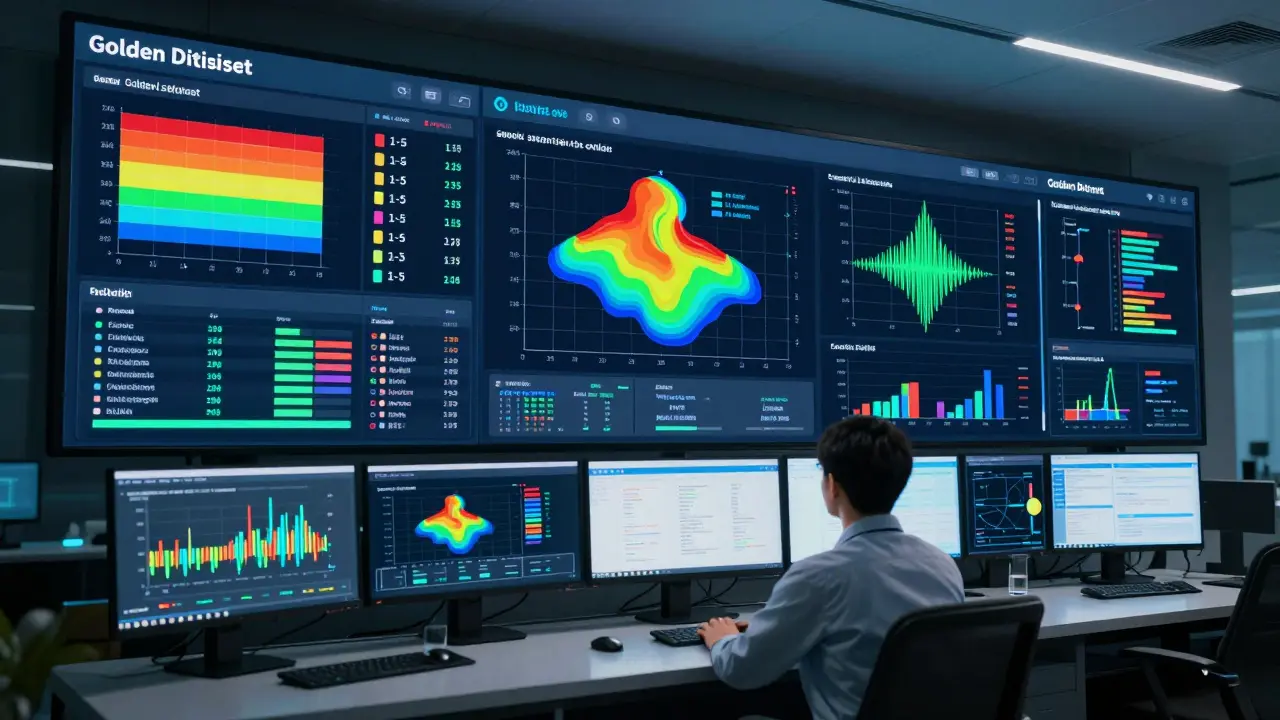 An AI engineer analyzing performance metrics and a golden dataset on a wall of monitors in a command center.
