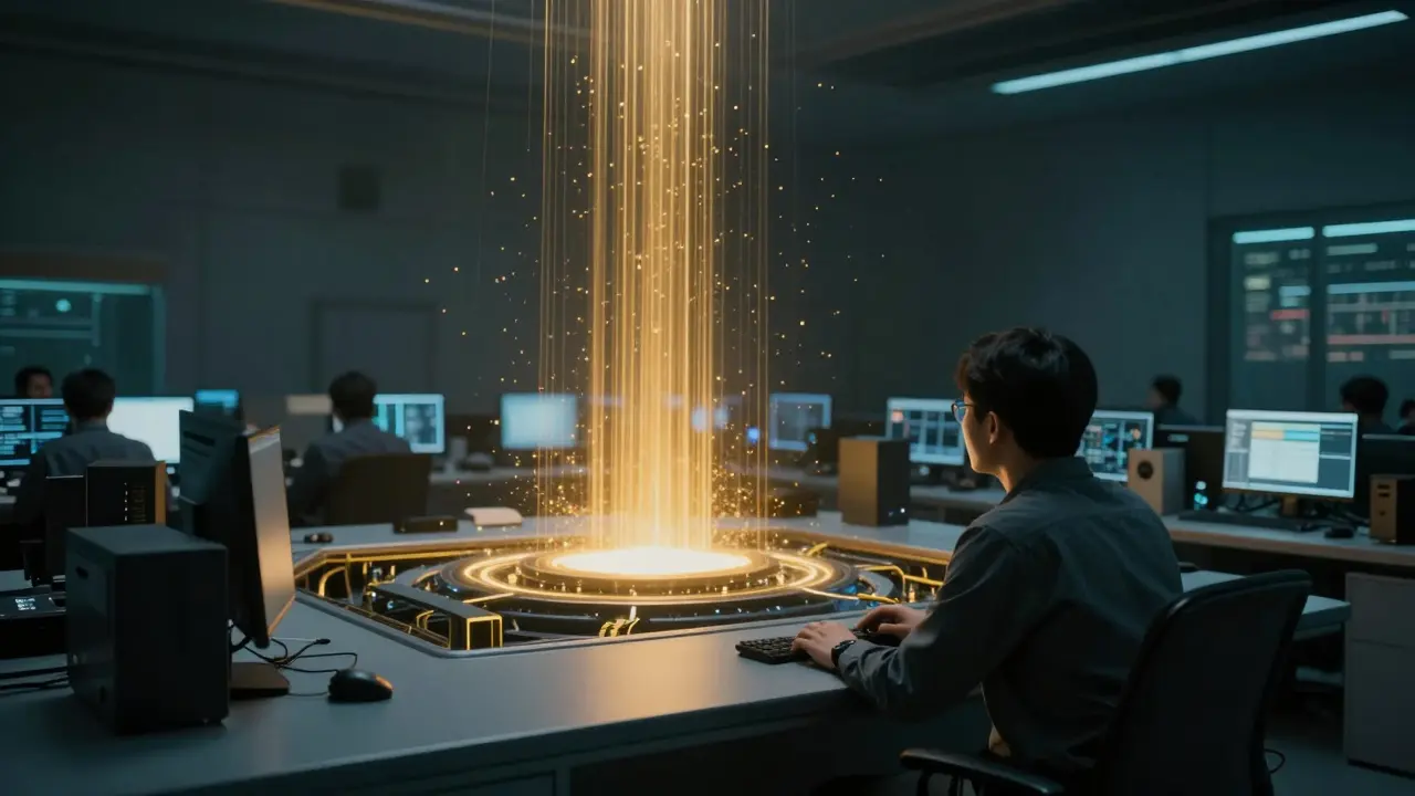 Analyst viewing golden light streams representing data feedback