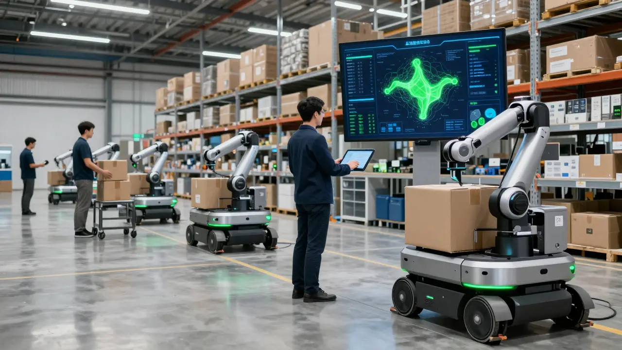 Automated e-commerce warehouse with AI robots and a data dashboard