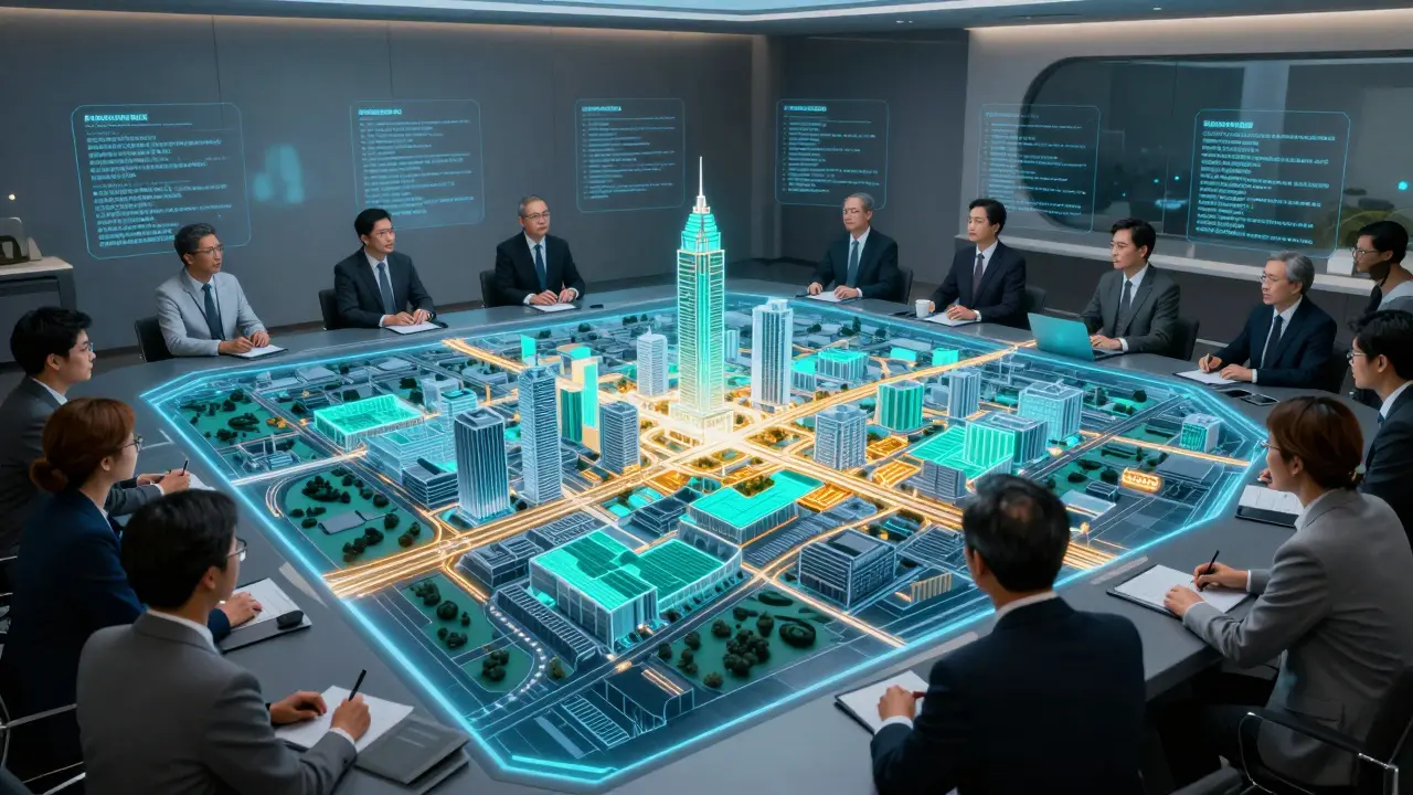 City planners analyzing AI-generated 3D urban zoning simulations on a holographic table.