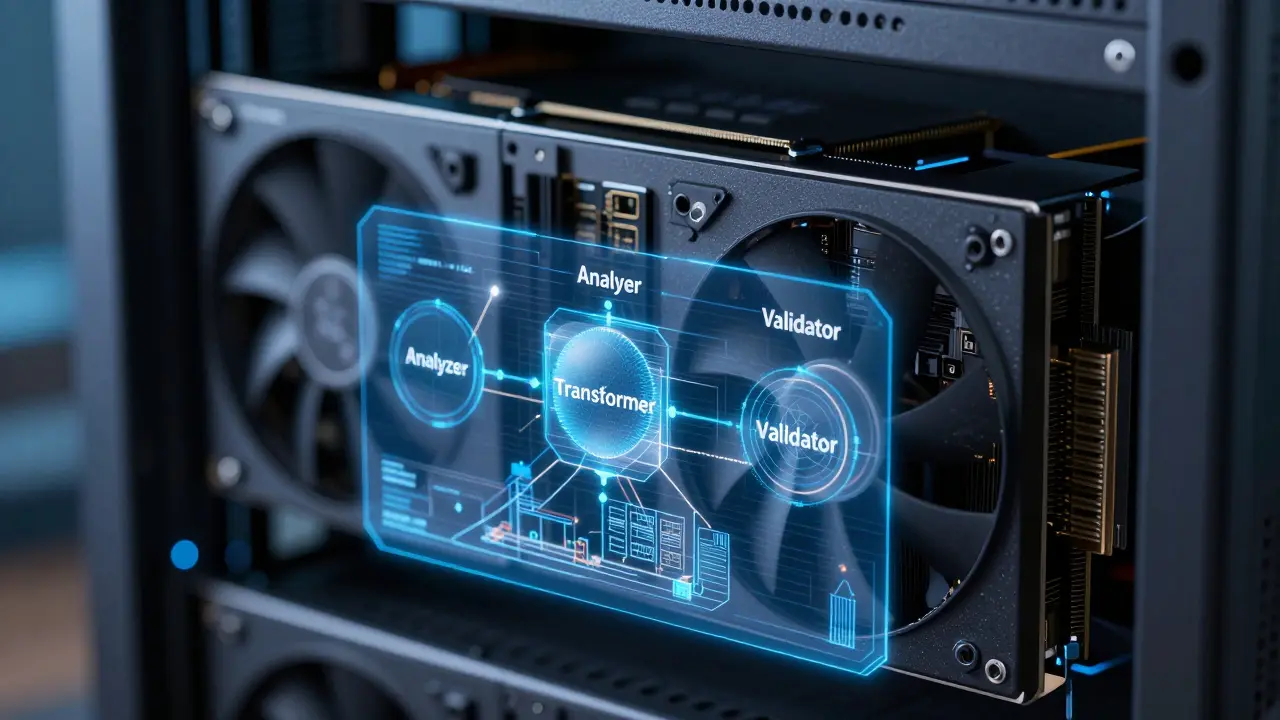 Close-up of a GPU with a holographic diagram of a query processing pipeline.