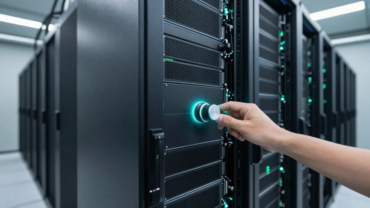 Close-up of a hand adjusting a control knob on a high-tech GPU server rack.