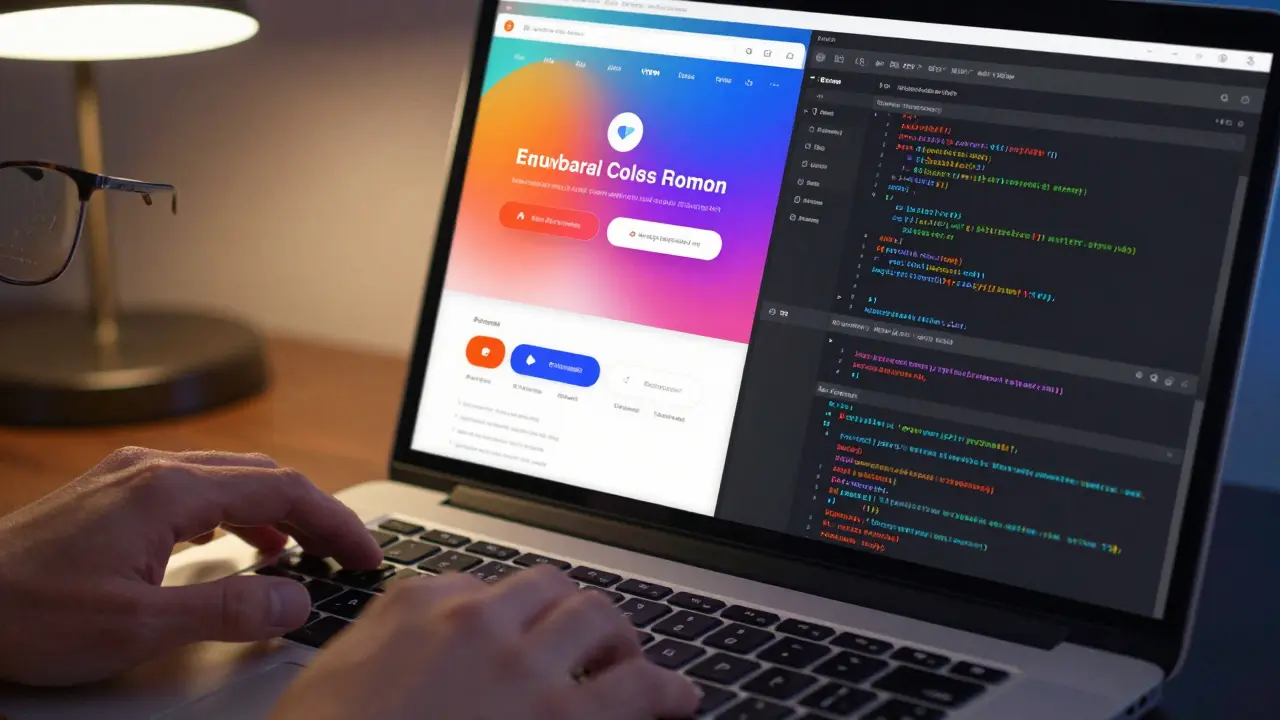 Close-up of a laptop screen showing a modern web UI side-by-side with a technical terminal.