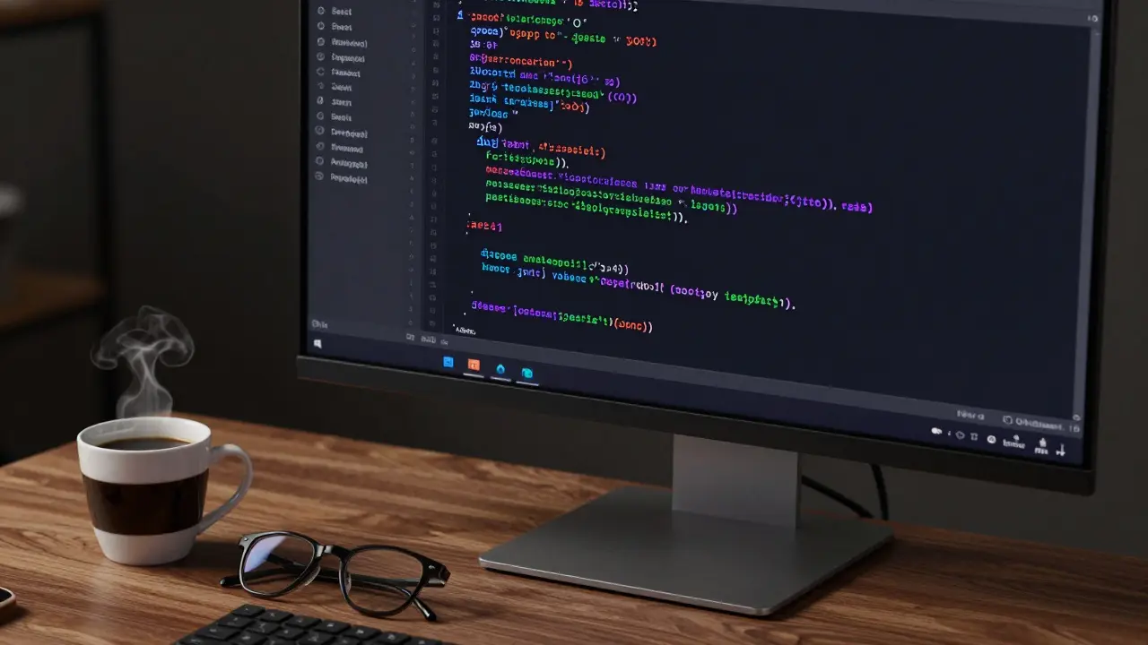 Close-up of JSON schema code on a monitor next to a coffee cup