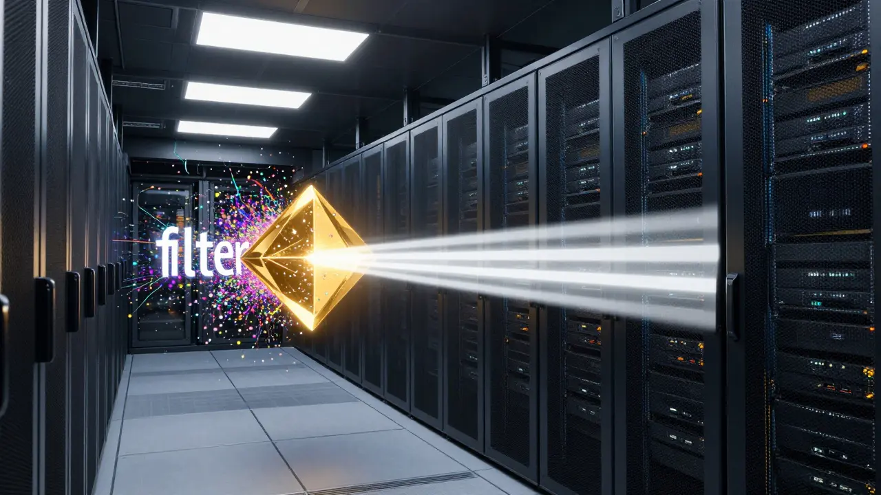 Conceptual visualization of data being filtered from chaotic light into precise beams