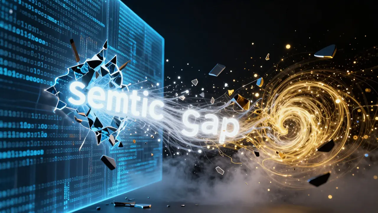 Conceptual visualization of the semantic gap with merging streams of light and code.