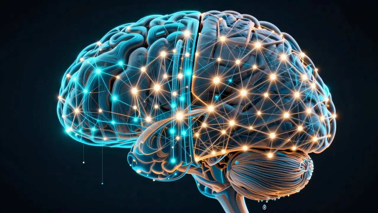 Digital neural network showing a contrast between deep vertical logic and wide horizontal connections.